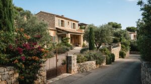 Vue d'une villa contemporaine avec piscine et jardin luxuriant près de la mer